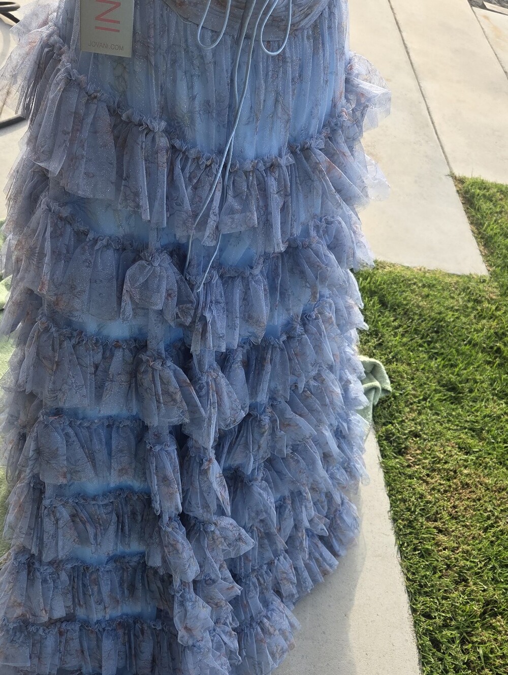 Jovani Dusty Blue Floral Sparkle Spaghetti-Strap Gown - Picture 9 of 11